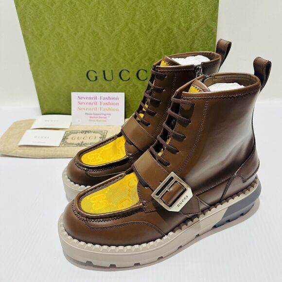 NIB Gucci GG Lace-Up Boots 9 US 9.5 Brown Leather Yellow Insert Side Zip $1600 main image 9